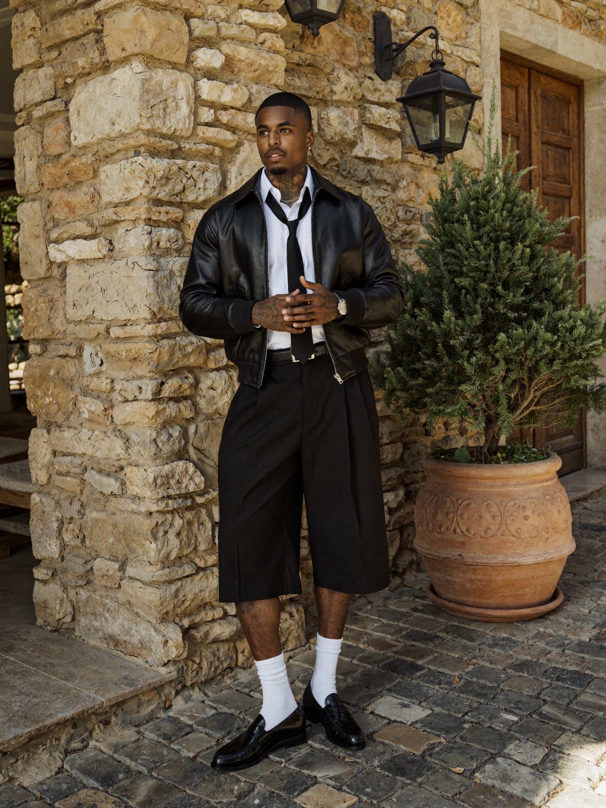 Man in black leather jacket and long tailored shorts with white socks and loafers