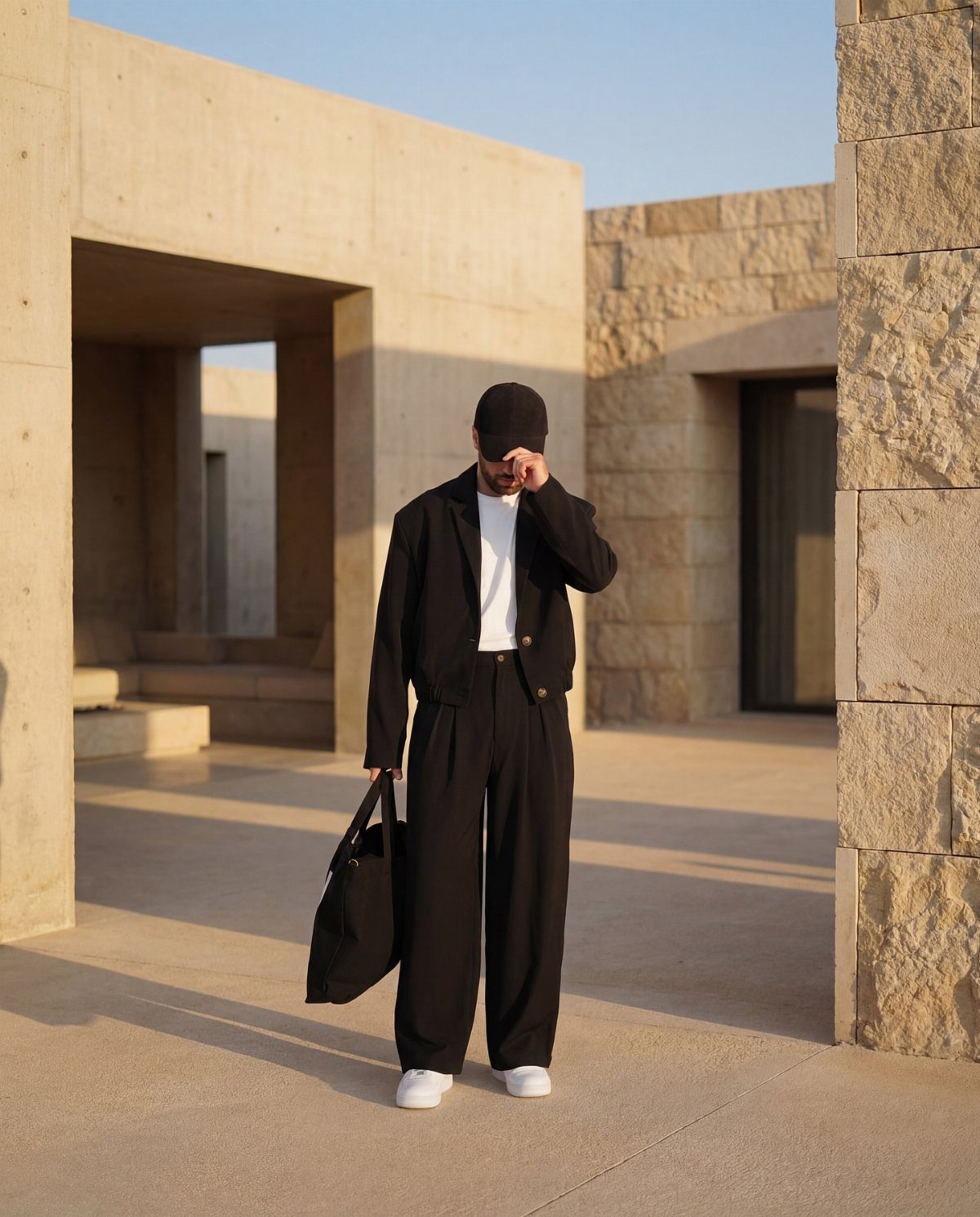Man in black jacket and wide-leg pleated trousers standing by stone walls.