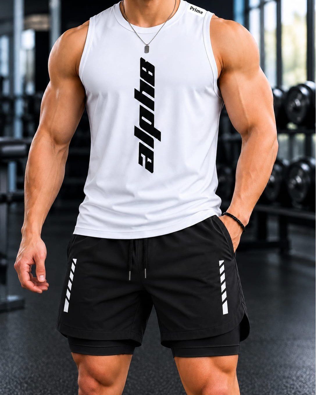 Muscular man wearing a white performance tank top and black running shorts in gym