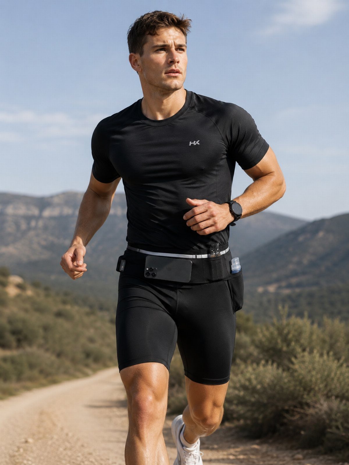 Man running on a trail wearing black athletic gear and a pocket waist belt.