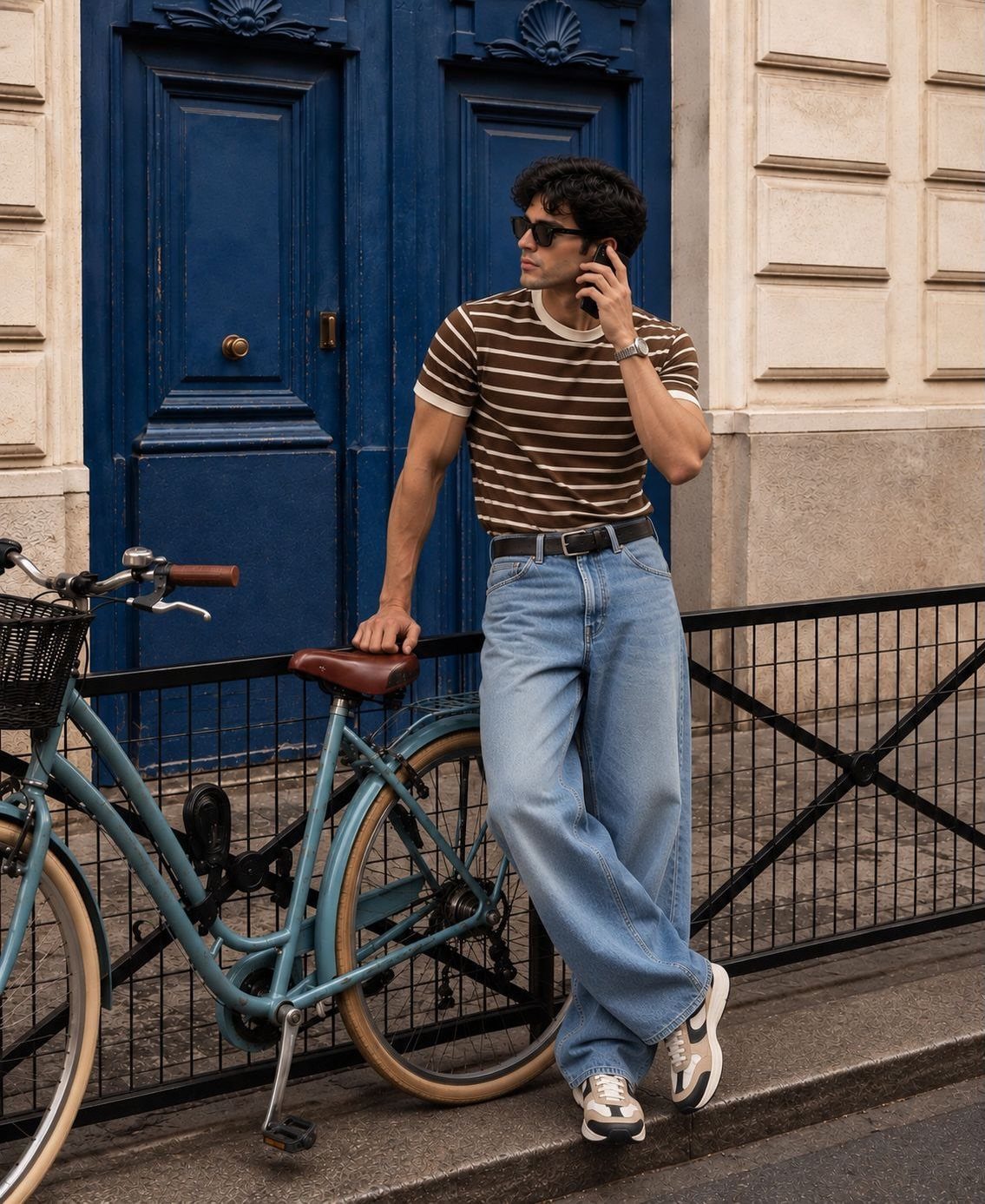 Man in a striped t-shirt and light blue jeans leaning on a bicycle