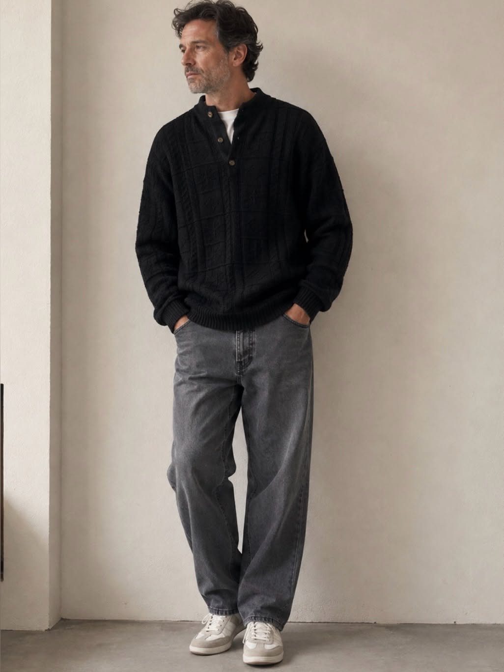 Man wearing a black knit sweater, dark grey wide-leg jeans, and white sneakers.
