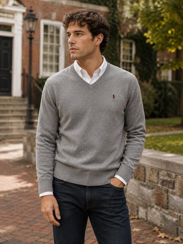 Man wearing a grey v-neck sweater and dark jeans on a brick path.
