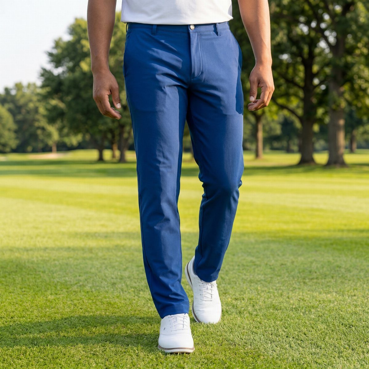 Blue flat front golf pants worn by a man on a green course.