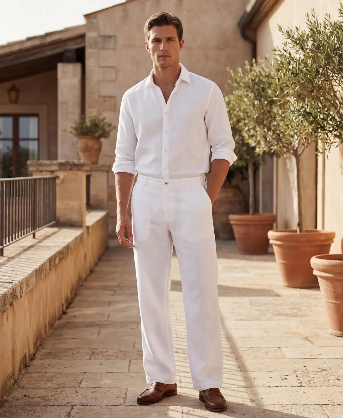 Man wearing a white button down shirt and white trousers on a stone patio