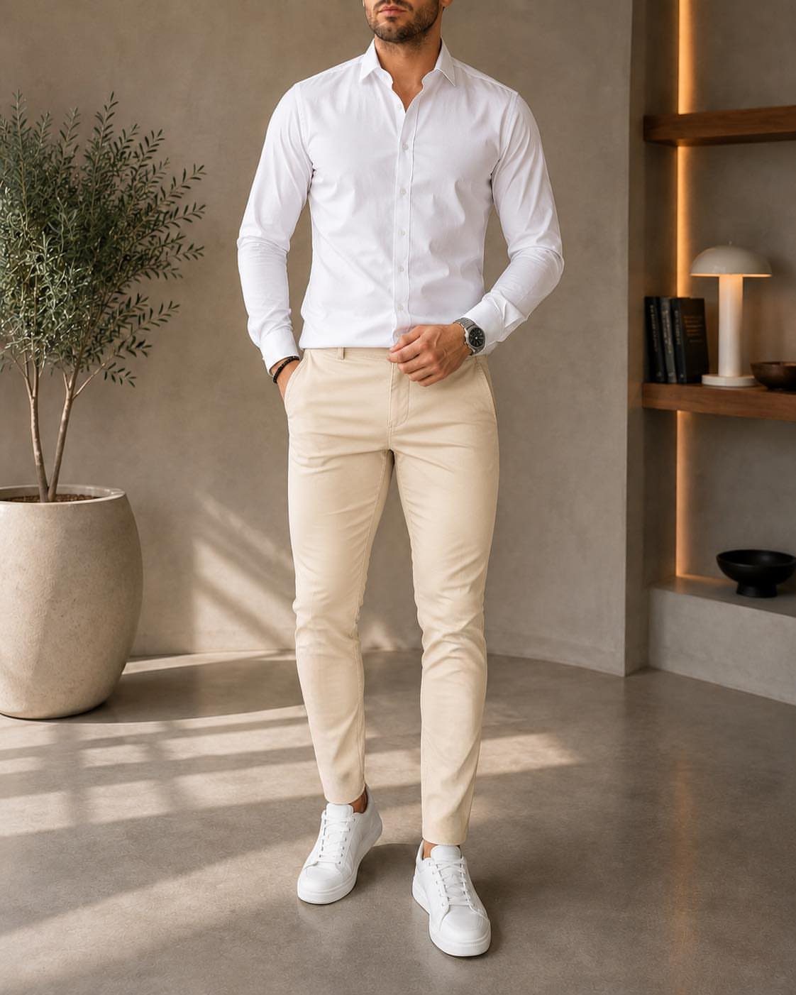 Man wearing a white button down shirt with beige chinos and white sneakers.